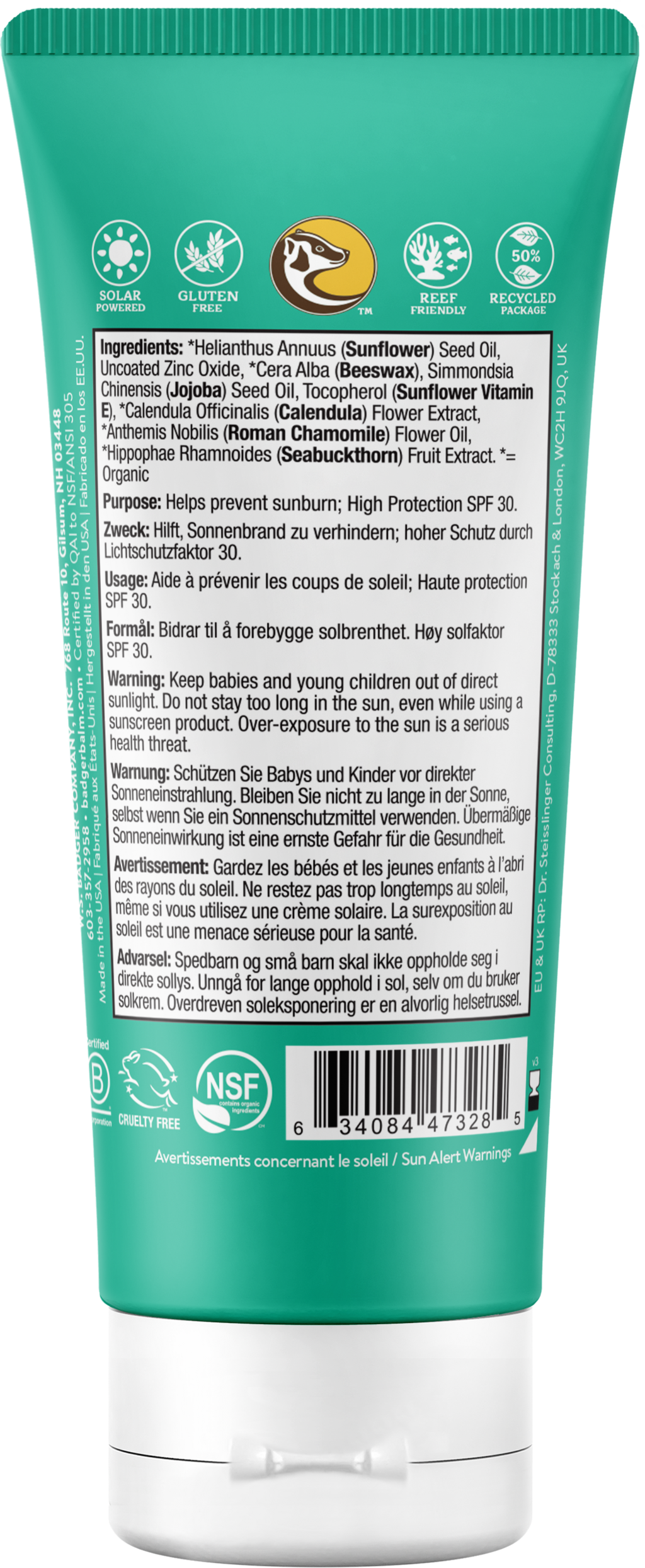BADGER Baby Sunscreen SPF 30. Unscented 87ml
