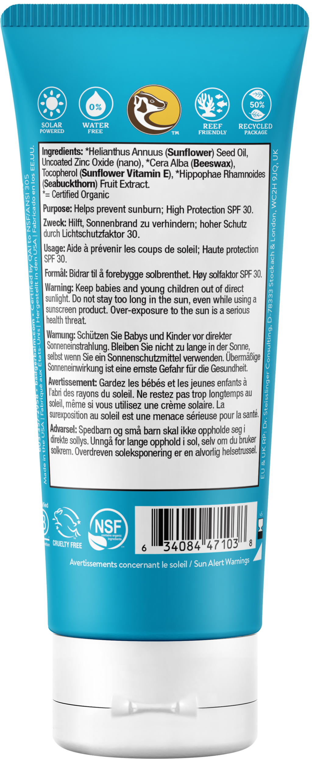 BADGER Sunscreen Active SPF 30, UNSCENTED 87ml
